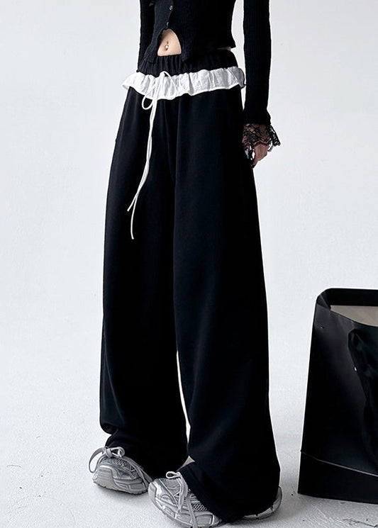 Loose Black Patchwork Tie Waist Straight Pants Spring Ta064