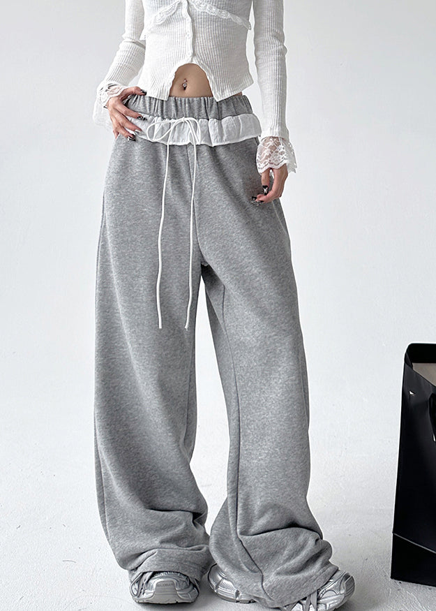 Loose Black Patchwork Tie Waist Straight Pants Spring Ta064