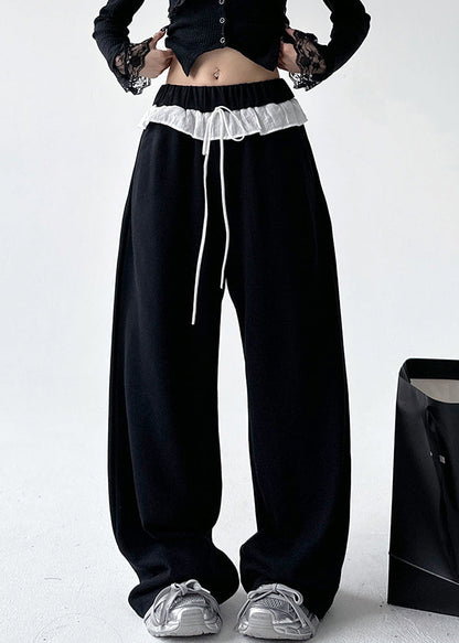 Loose Black Patchwork Tie Waist Straight Pants Spring Ta064