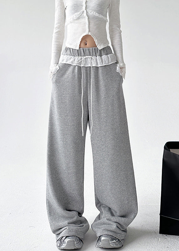 Loose Black Patchwork Tie Waist Straight Pants Spring Ta064