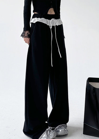 Loose Black Patchwork Tie Waist Straight Pants Spring Ta064