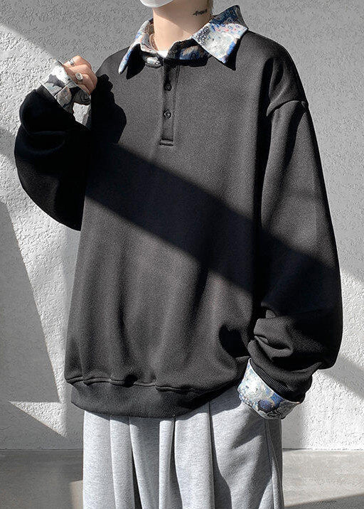 Pan Cotton Collar Black Patchwork Sweatshirts Peter Loose