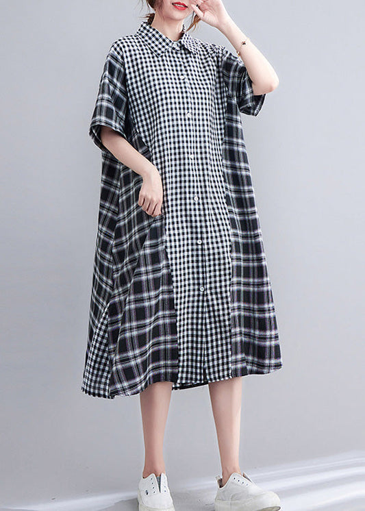 Loose Black Peter Pan Collar Plaid Patchwork Button Long Dress Summer Ly0668
