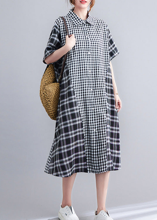 Loose Black Peter Pan Collar Plaid Patchwork Button Long Dress Ac2092