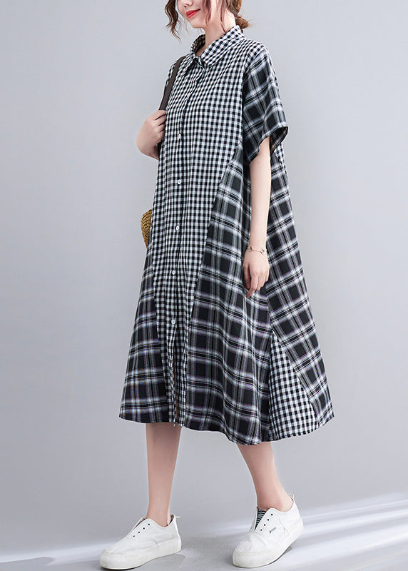 Loose Black Peter Pan Collar Plaid Patchwork Button Long Dress Ac2092