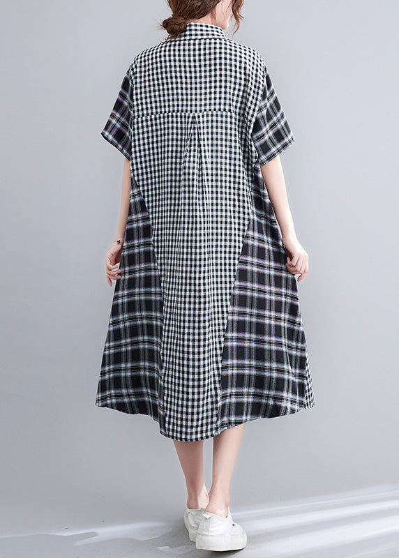 Loose Black Peter Pan Collar Plaid Patchwork Button Long Dress Summer Ly0668