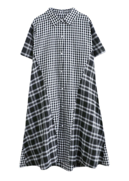 Loose Black Peter Pan Collar Plaid Patchwork Button Long Dress Summer Ly0668