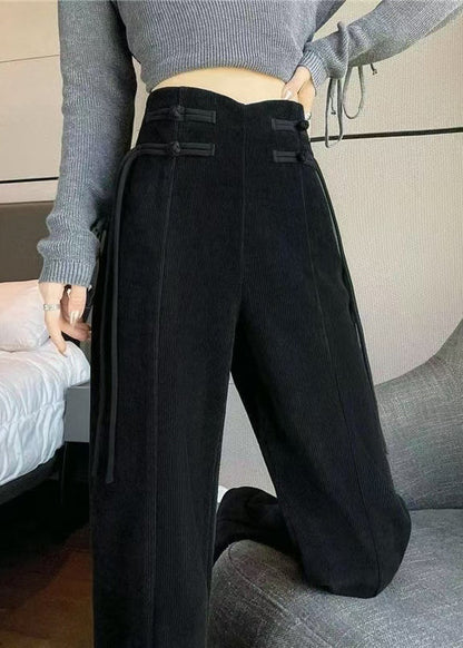 Loose Black Pockets Elastic Waist Corduroy Pants Spring Rh038