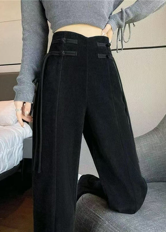 Loose Black Pockets Elastic Waist Corduroy Pants Spring Rh038