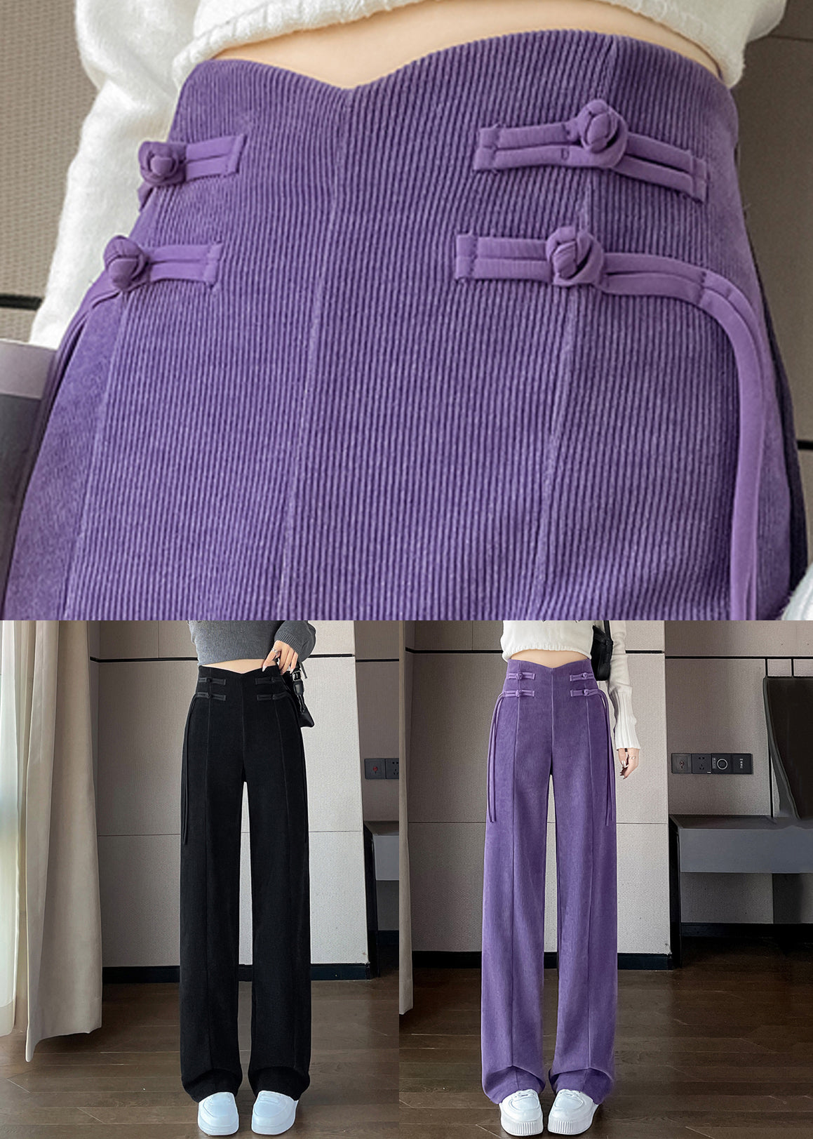 Loose Black Pockets Elastic Waist Corduroy Pants Spring Rh038