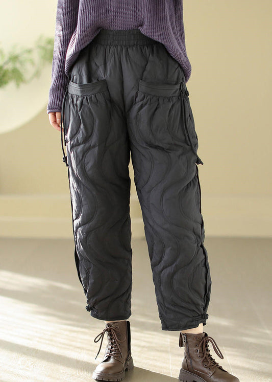 Loose Black Pockets Elastic Waist Thick Warm Pants Winter Rk001