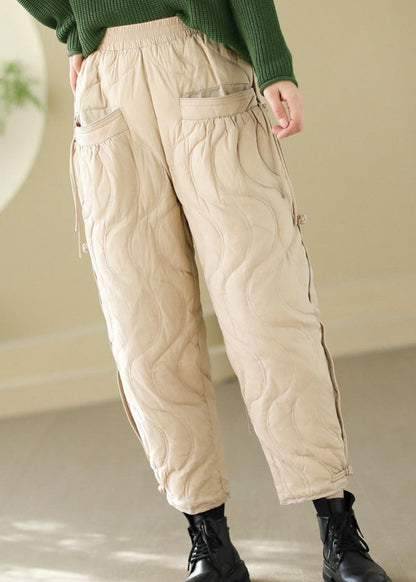 Loose Black Pockets Elastic Waist Thick Warm Pants Winter Rk001