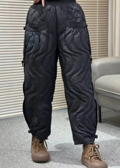 Loose Black Pockets Elastic Waist Thick Warm Pants Winter Rk001