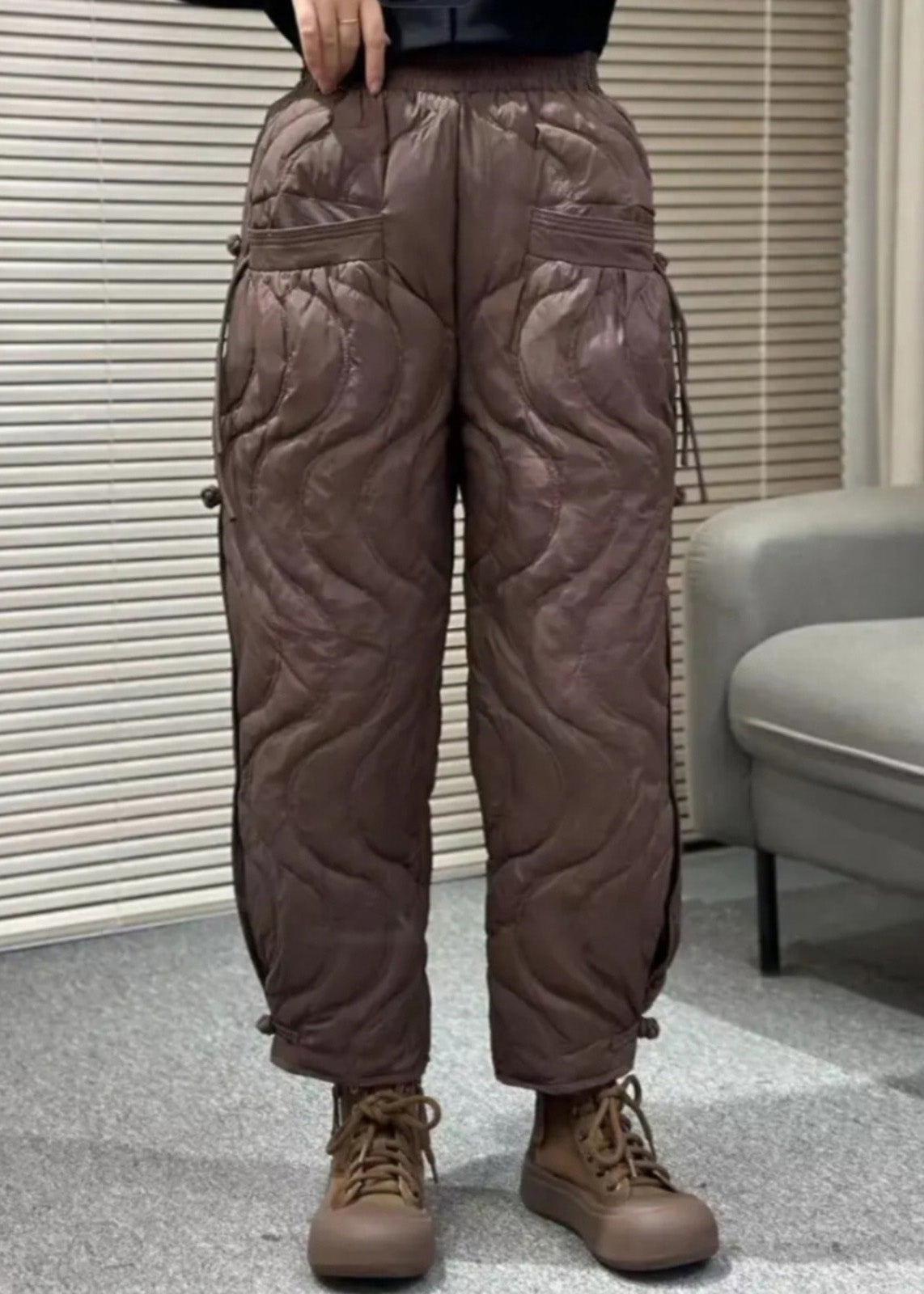 Loose Black Pockets Elastic Waist Thick Warm Pants Winter Rk001