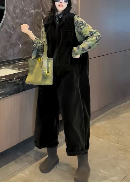 Loose Black Pockets High Waist Silk Velvet Jumpsuits Sleeveless Yw026