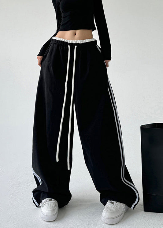 Loose Black Pockets Patchwork Drawstring Wide Leg Pants Spring Ta046