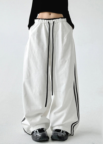 Loose Black Pockets Patchwork Drawstring Wide Leg Pants Spring Ta046