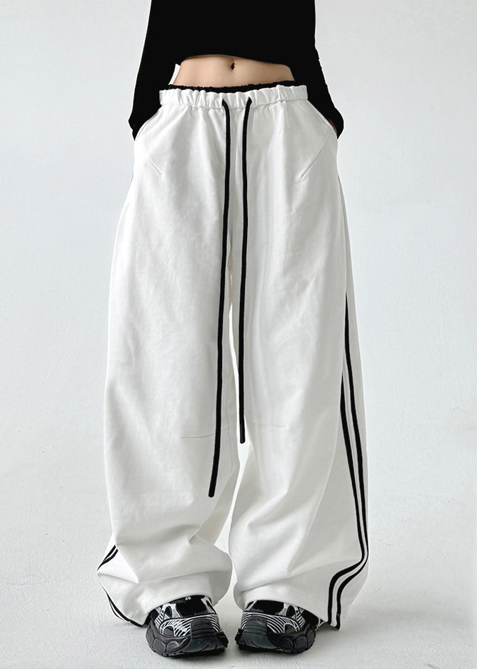 Loose Black Pockets Patchwork Drawstring Wide Leg Pants Spring Ta046