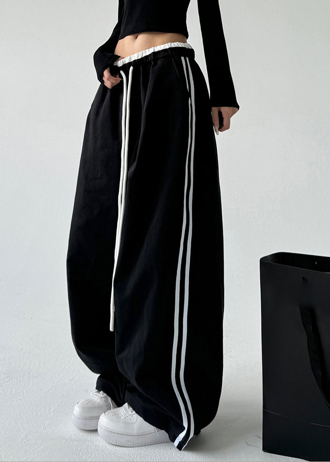 Loose Black Pockets Patchwork Drawstring Wide Leg Pants Spring Ta046