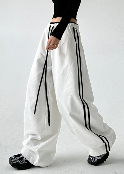 Loose Black Pockets Patchwork Drawstring Wide Leg Pants Spring Ta046