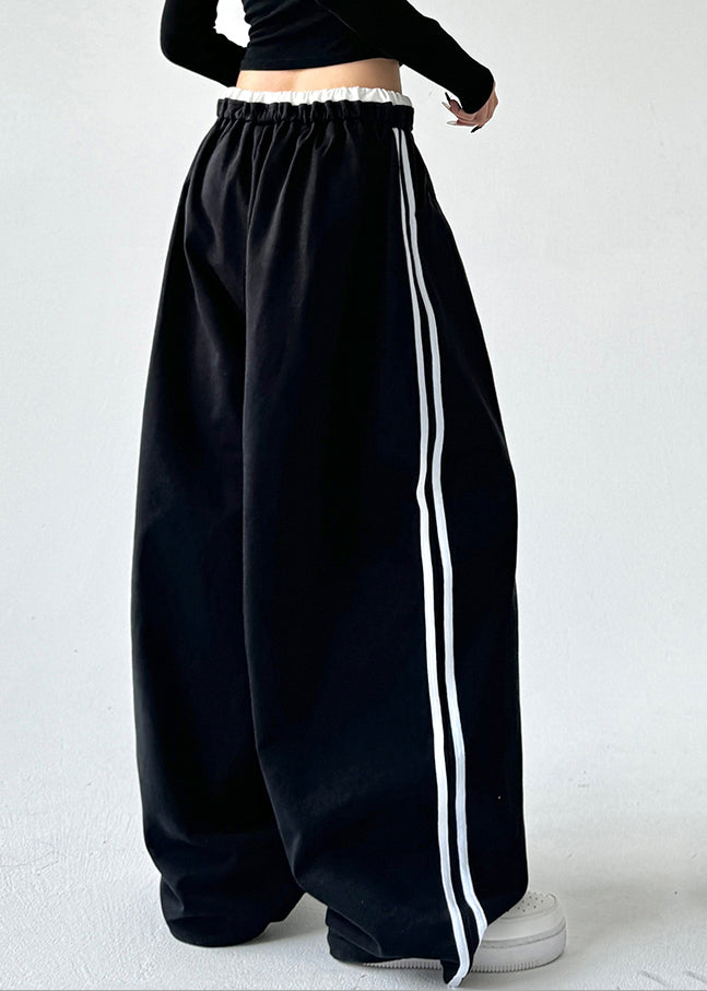 Loose Black Pockets Patchwork Drawstring Wide Leg Pants Spring Ta046