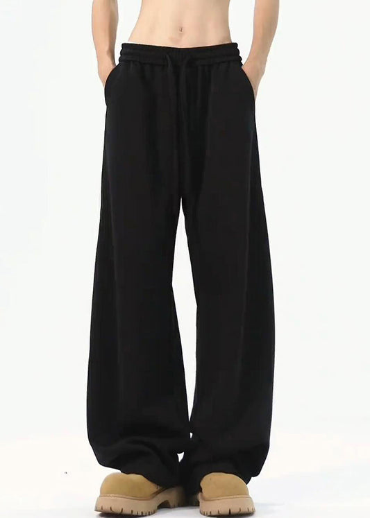 Loose Black Pockets Warm Fleece Pants Elastic Waist Spring Rm065