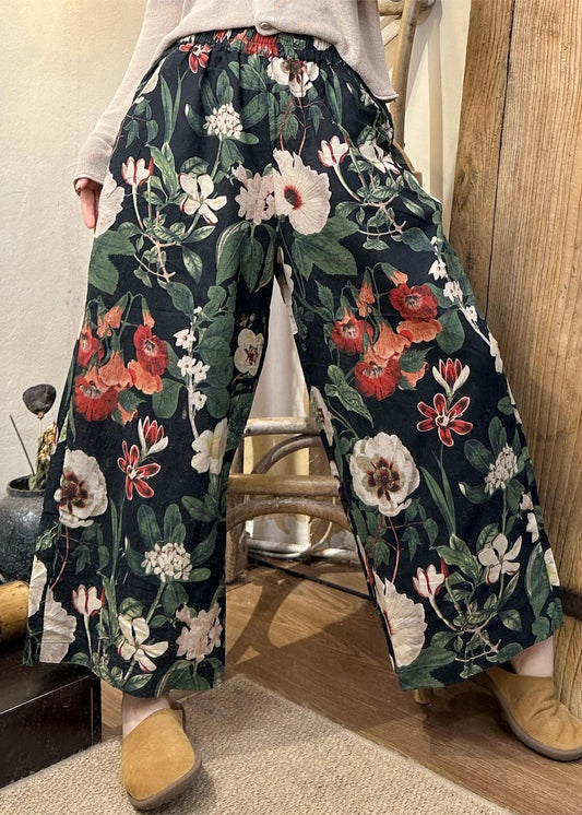 Loose Black Print Elastic Waist Cotton Crop Pants Winter Jh018