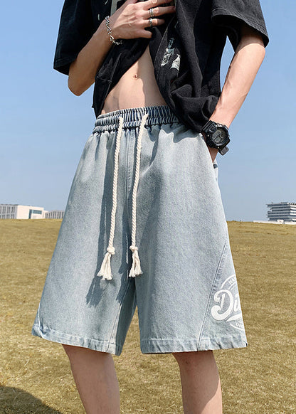 Loose Black Print Elastic Waist Denim Shorts Summer Yl024