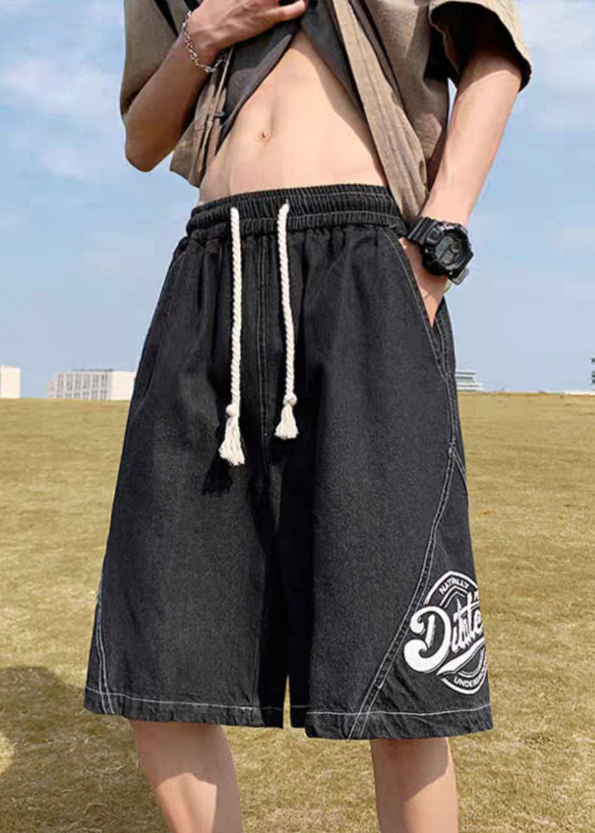 Loose Black Print Elastic Waist Denim Shorts Summer Yl024