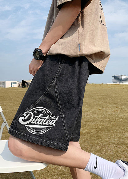 Loose Black Print Elastic Waist Denim Shorts Summer Yl024