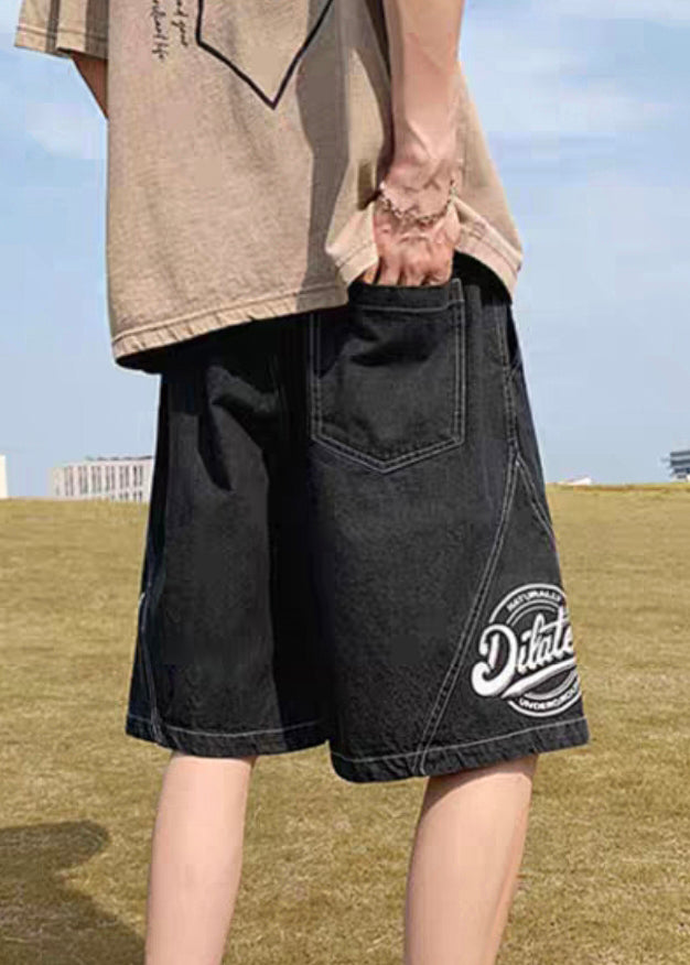 Loose Black Print Elastic Waist Denim Shorts Summer Yl024