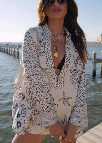 Pieces Shirts Silk Loose and Shorts Black Two Lace Set Print Up