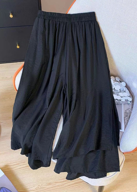 Loose Black Side Open Elastic Waist Cotton Crop Pants Summer Ff058