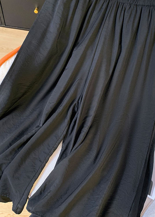 Loose Black Side Open Elastic Waist Cotton Crop Pants Summer Ff058
