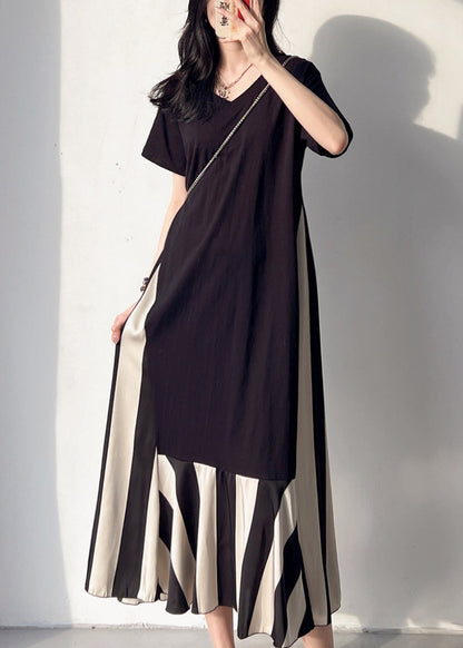 Loose Black V Neck Patchwork Cotton Long Dress Summer Bv004