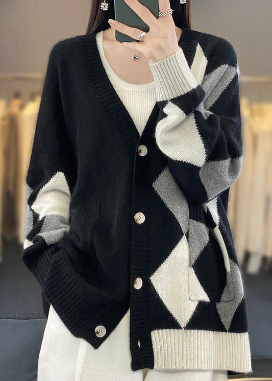 Loose Black V Neck Plaid Button Wool Knit Cardigans Winter Er026