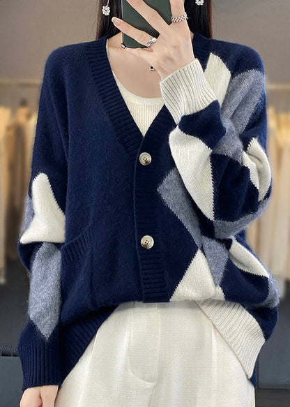 Loose Black V Neck Plaid Button Wool Knit Cardigans Winter Er026