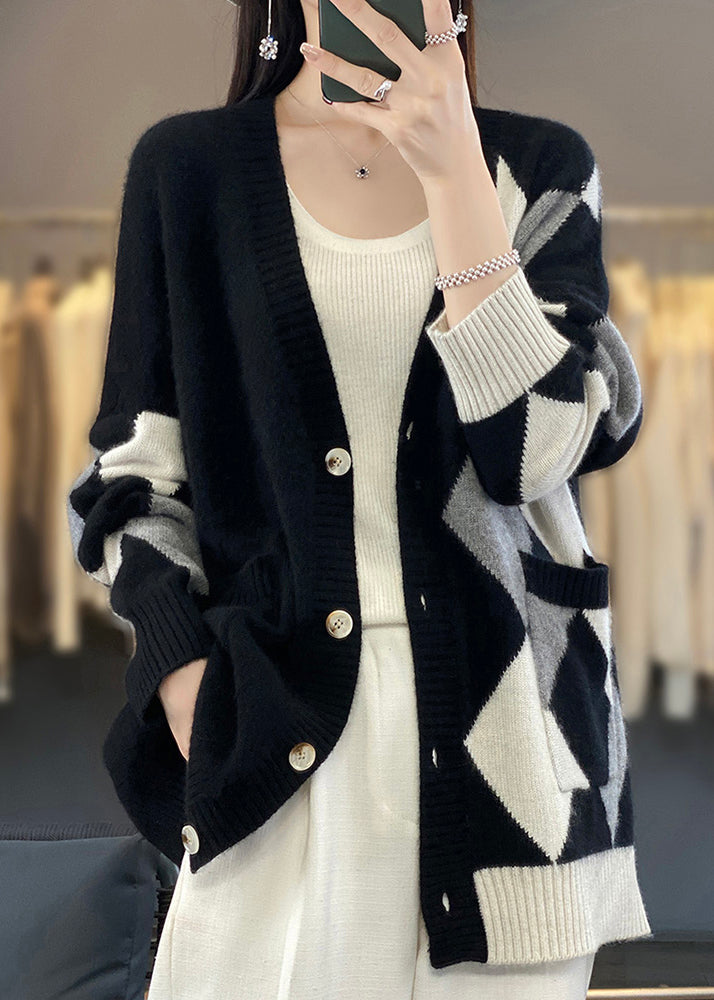 Loose Black V Neck Plaid Button Wool Knit Cardigans Winter Er026