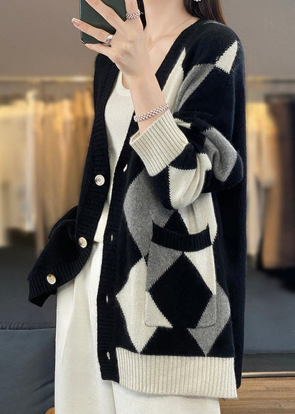Loose Black V Neck Plaid Button Wool Knit Cardigans Winter Er026