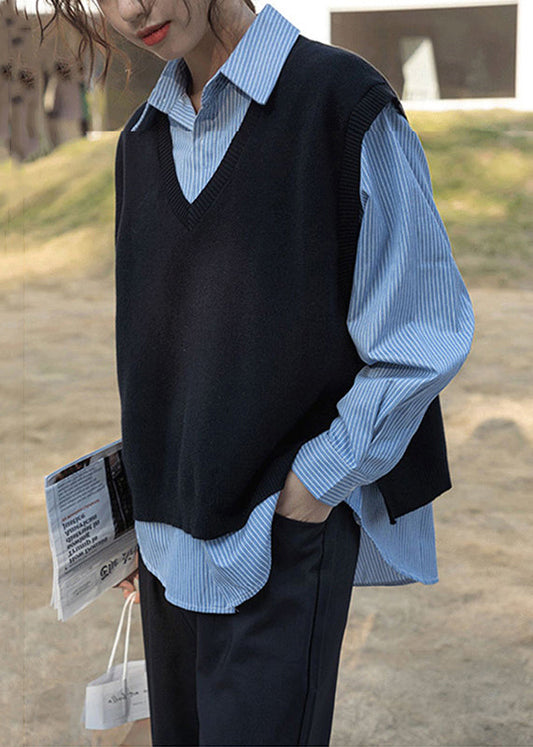 Loose Black Waistcoat and Blue Blouses Patchwork Two Pieces Set Fall Tu007