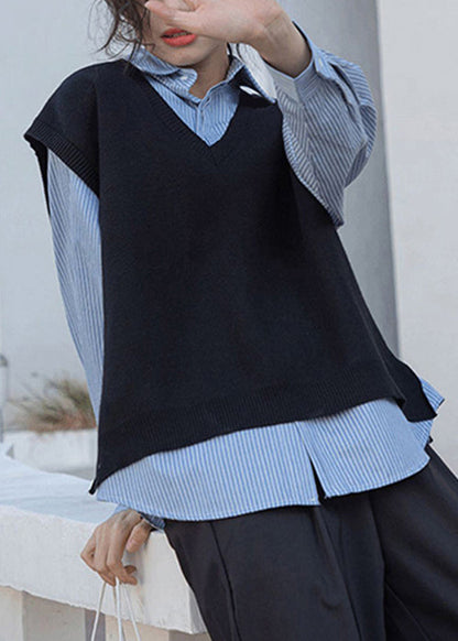 Loose Black Waistcoat and Blue Blouses Patchwork Two Pieces Set Fall Tu007