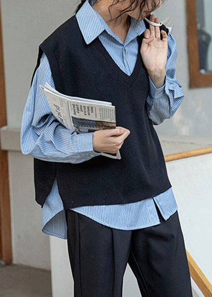 Loose Black Waistcoat and Blue Blouses Patchwork Two Pieces Set Fall Tu007
