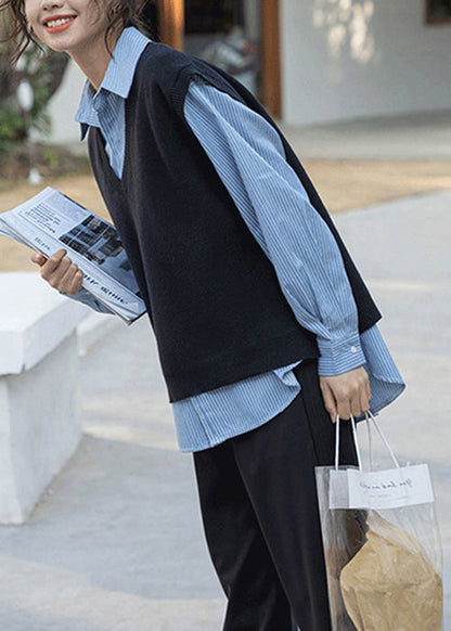 Loose Black Waistcoat and Blue Blouses Patchwork Two Pieces Set Fall Tu007