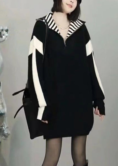 Loose Black Zip Up Patchwork Knit Sweater Winter Rf023