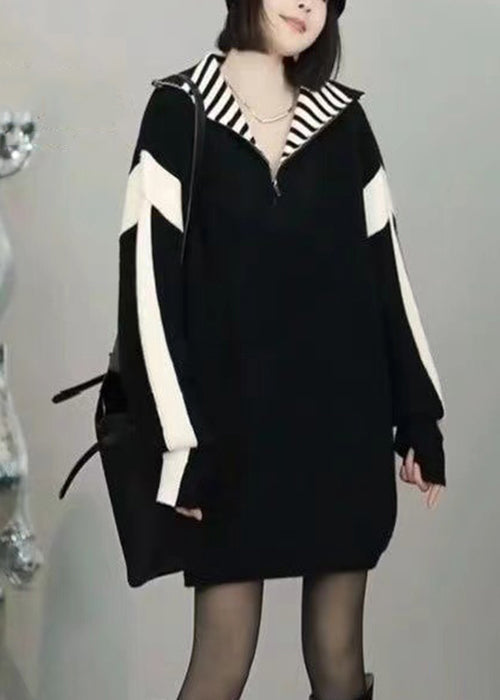 Loose Black Zip Up Patchwork Knit Sweater Winter Rf023