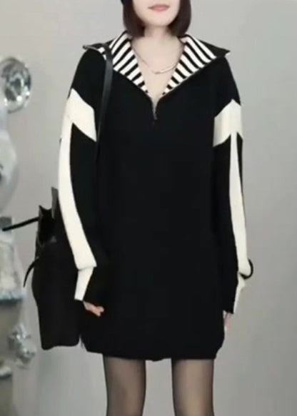 Loose Black Zip Up Patchwork Knit Sweater Winter Rf023