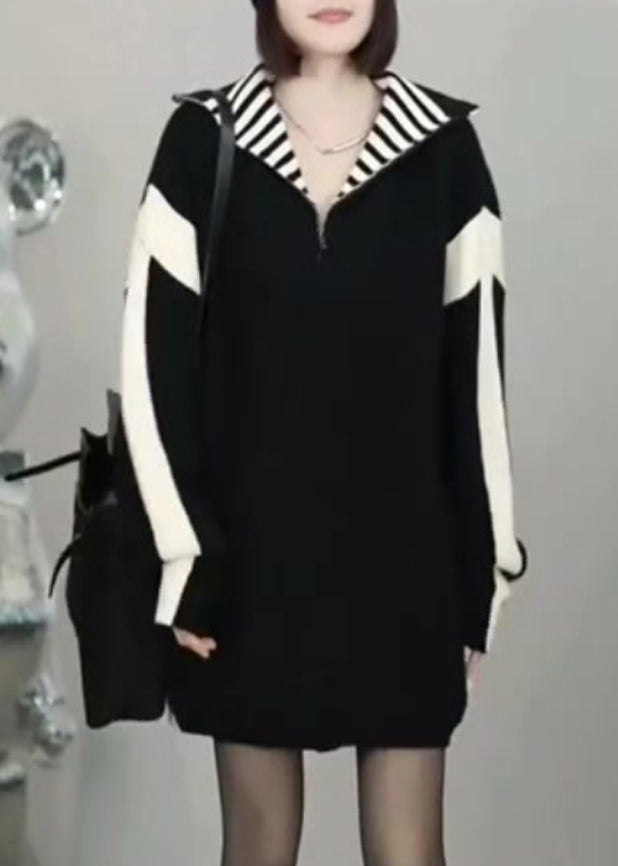 Loose Black Zip Up Patchwork Knit Sweater Winter Rf023