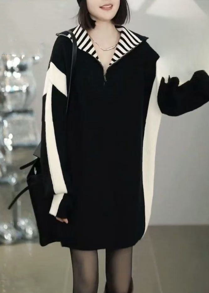 Loose Black Zip Up Patchwork Knit Sweater Winter Rf023