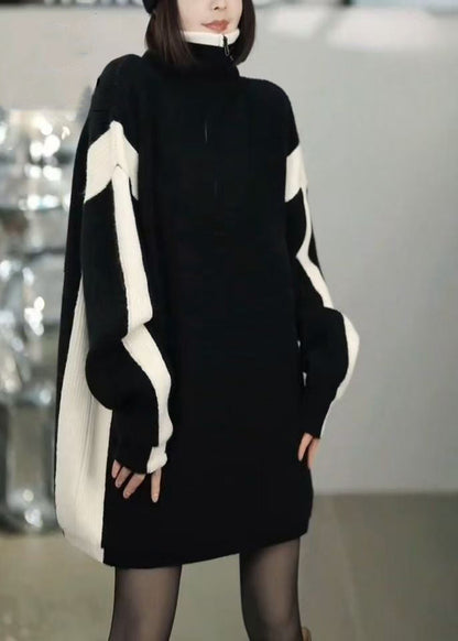 Loose Black Zip Up Patchwork Knit Sweater Winter Rf023