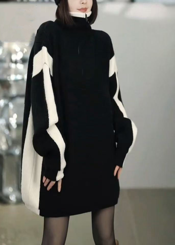Loose Black Zip Up Patchwork Knit Sweater Winter Rf023